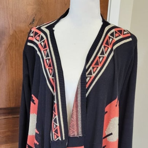 Hooked Up by IO Women'  Aztec Design Side Hi Low Open Long  Sleeve Cardigan M - Picture 3 of 12